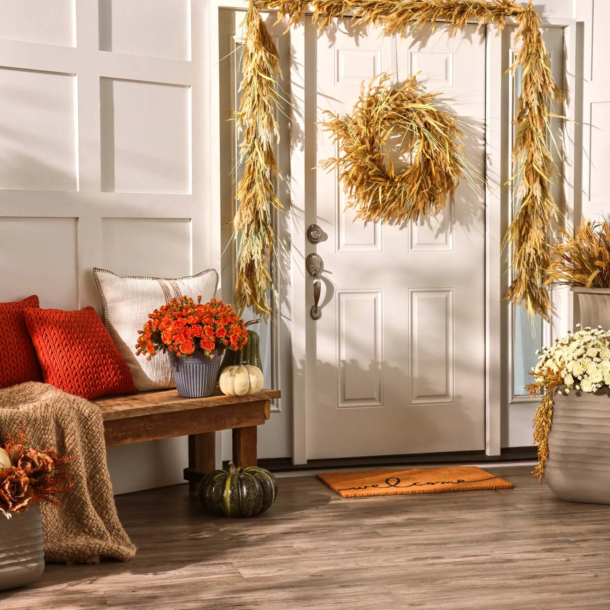 Dried-Look Wheat Grass & Neutral Tone Norfolk Pine Garland Mantel Decor