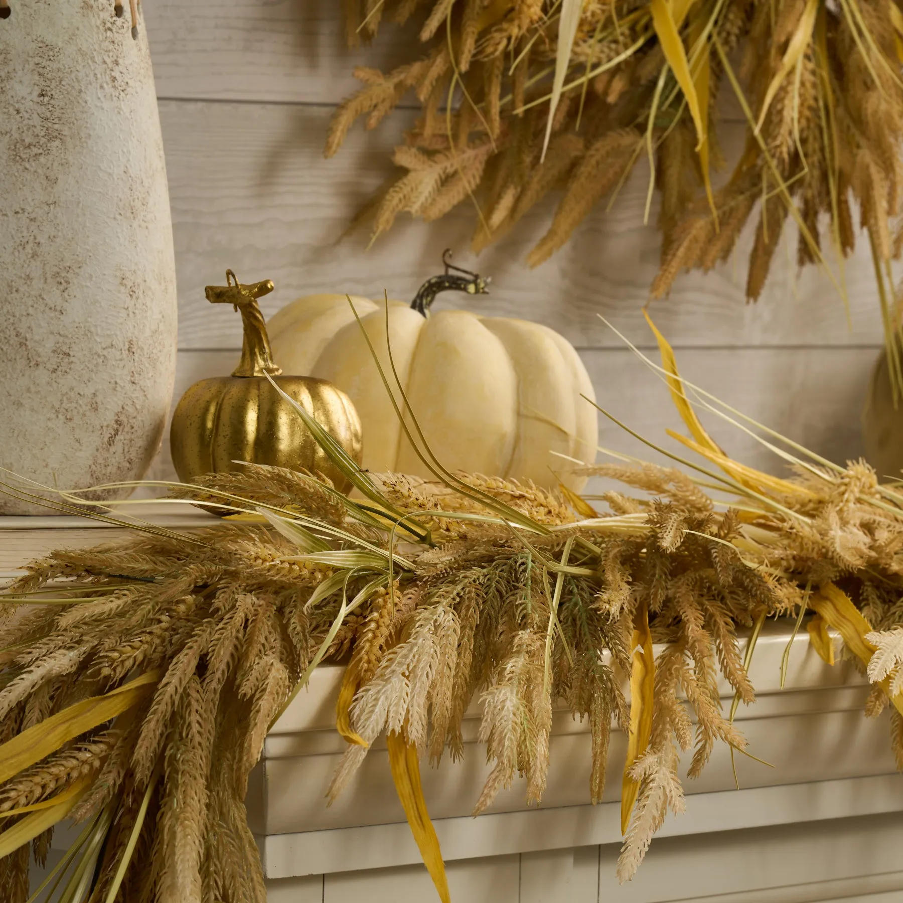 Dried-Look Wheat Grass & Neutral Tone Norfolk Pine Garland Mantel Decor