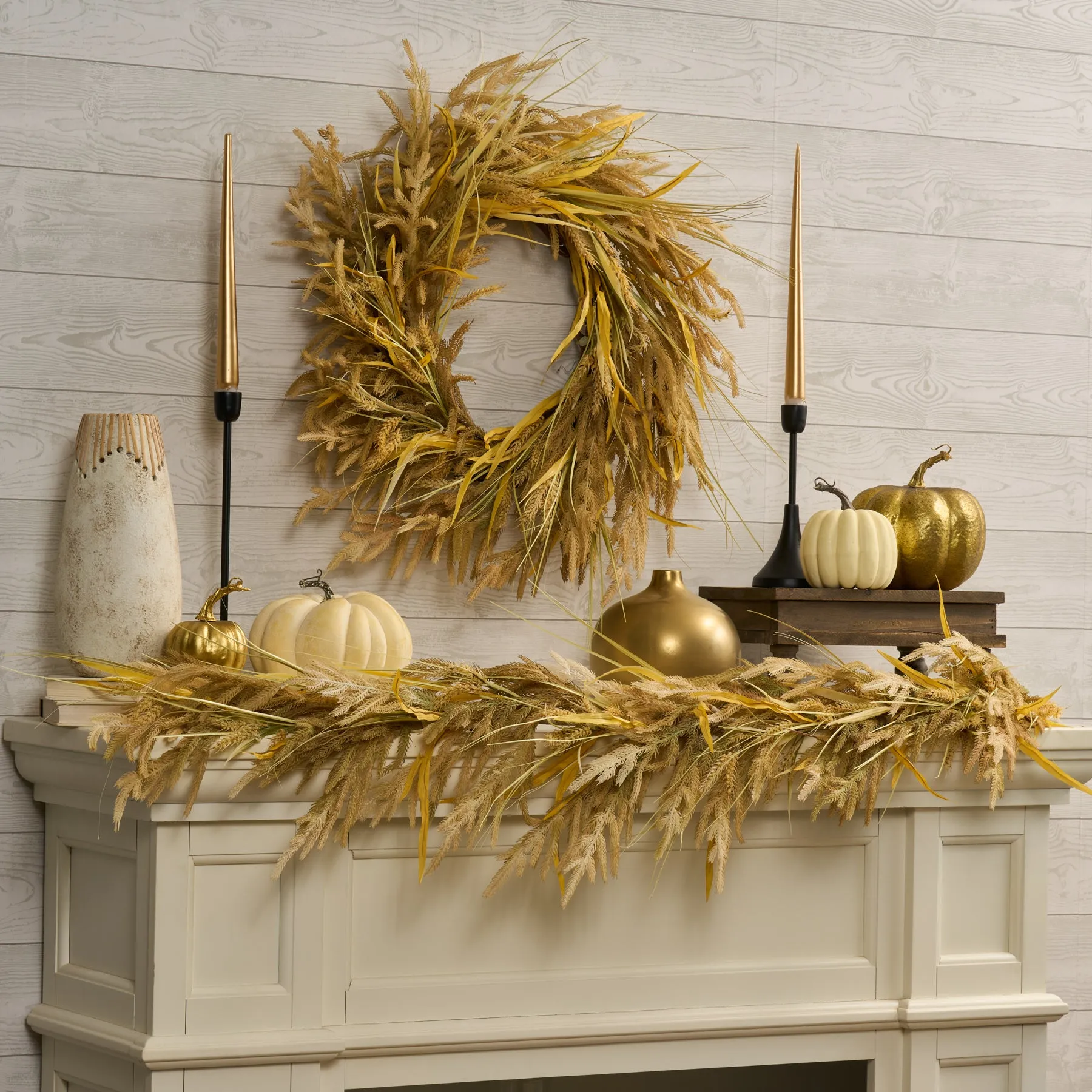 Dried-Look Wheat Grass & Neutral Tone Norfolk Pine Garland Mantel Decor