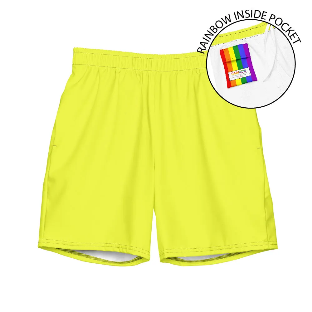 Neon Yellow Swimming Trunks with Rainbow Pocket